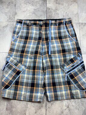 Member's Property Cargo Shorts Men's 40 Blue Plaid Baggy Zip Pocket Y2K